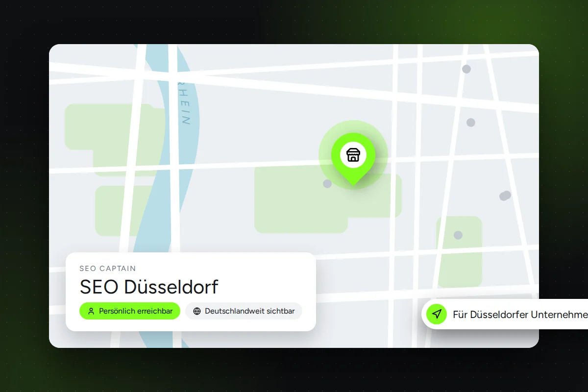 SEO für Unternehmen aus Düsseldorf: Stadtkarte am Rhein mit Standort-Pin