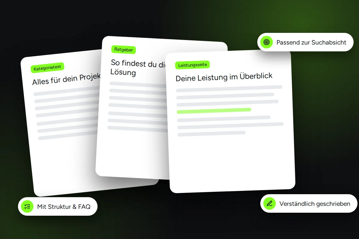 SEO-Texte und Content: Leistungsseite, Ratgeber und Kategorietext passend zur Suchabsicht