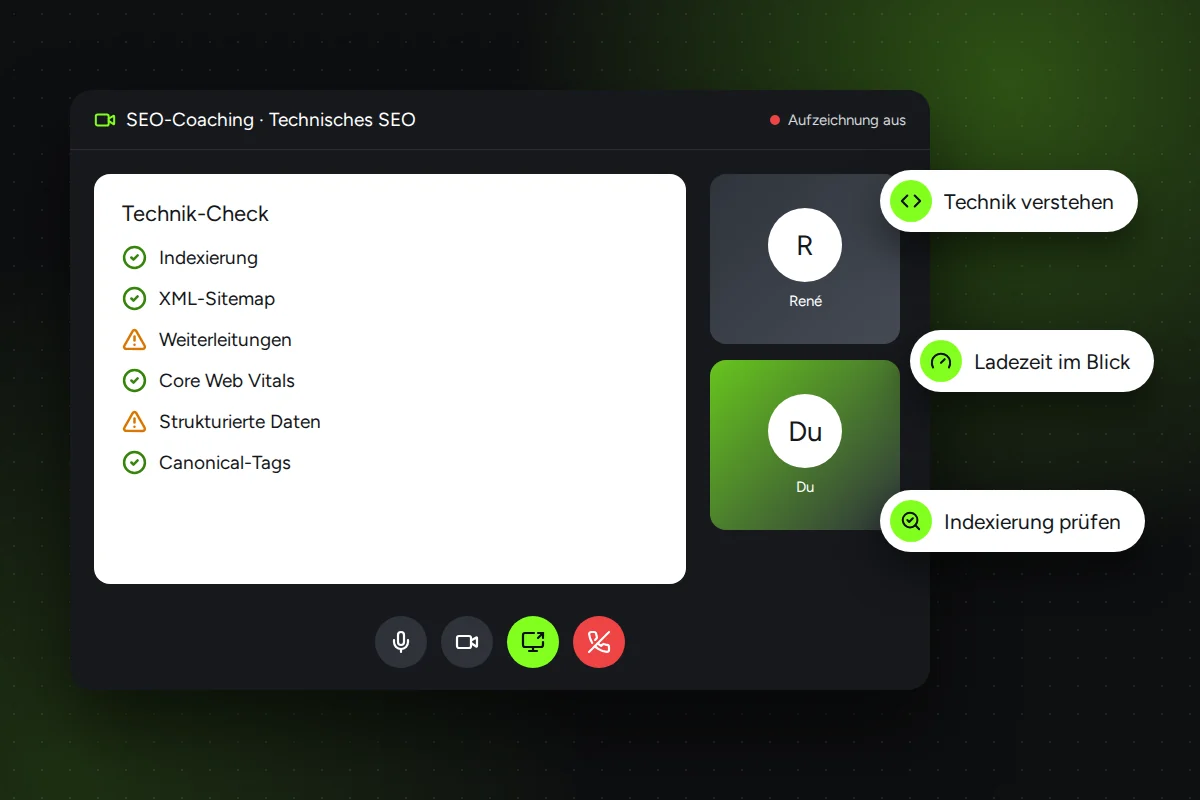 Technisches SEO-Coaching per Videocall: Indexierung, Weiterleitungen und Core Web Vitals gemeinsam prüfen
