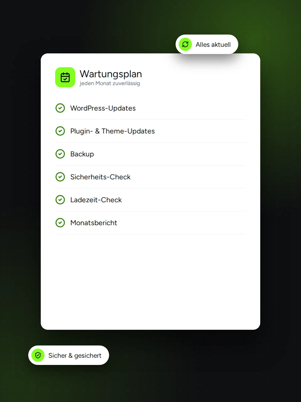 Webseitenpflege: monatlicher Wartungsplan mit Updates, Backup und Sicherheits-Check